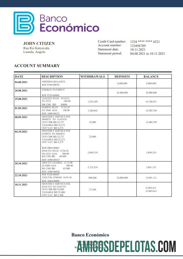 Angola Banco Ecenomico modelo de extrato bancário